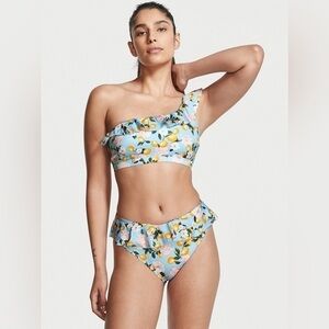 Victoria’s Secret Bikini blue flower lemon ruffle shoulder size Medium